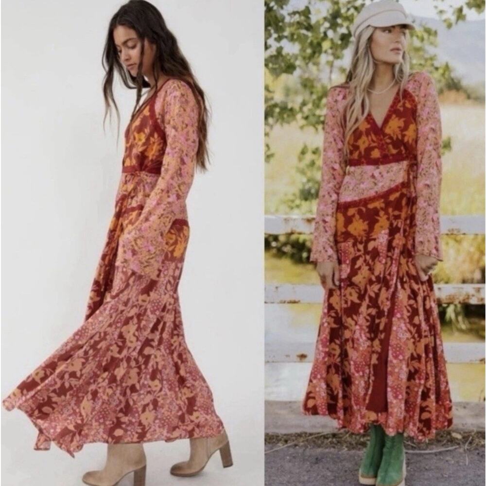 Free People Tilda Wrap Maxi Dress Patchwork Floral Boho Long Sleeve S